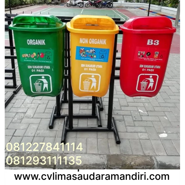 Tempat Sampah Pilah 3 Bentuk Oval Fiberglass & HDPE Plastik 50 liter Kualitas Premium
